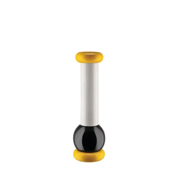 Macinasale, pepe e spezie in legno di faggio, giallo, nero, bianco. Alessi 100 Values collection h cm 11 diametro cm 7